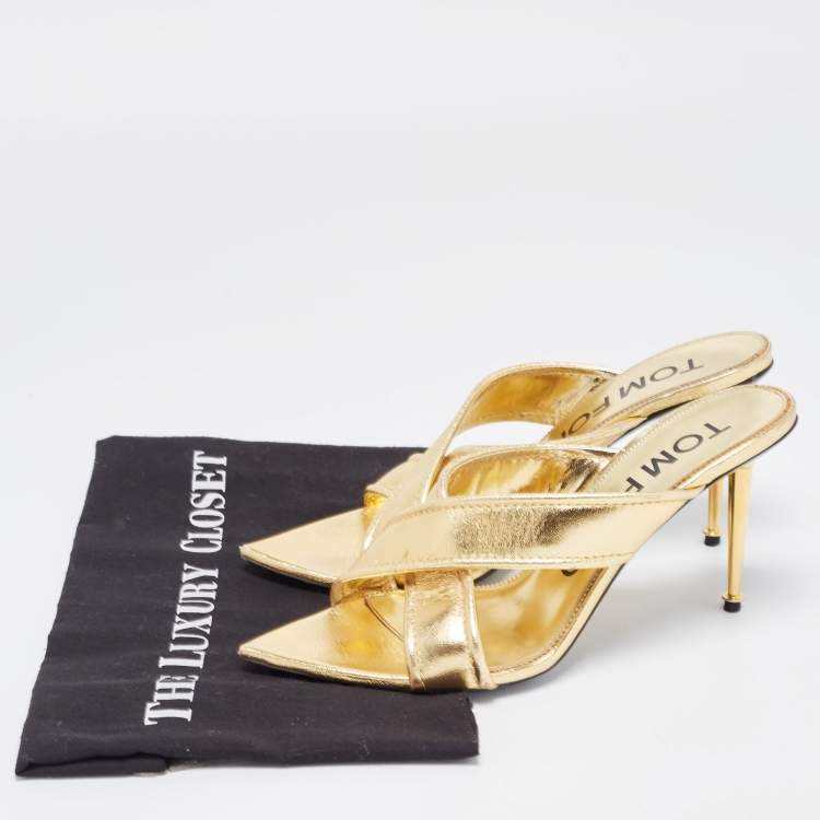مملوكة مسبقًا Tom Ford Foil Leather Criss Cross Slide Sandals Size 39