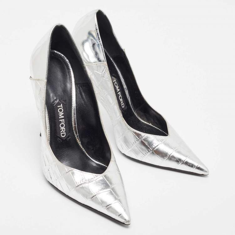 Pre Owned Tom Ford Silver Croc Embossed Leather Wedge Pumps Size 40