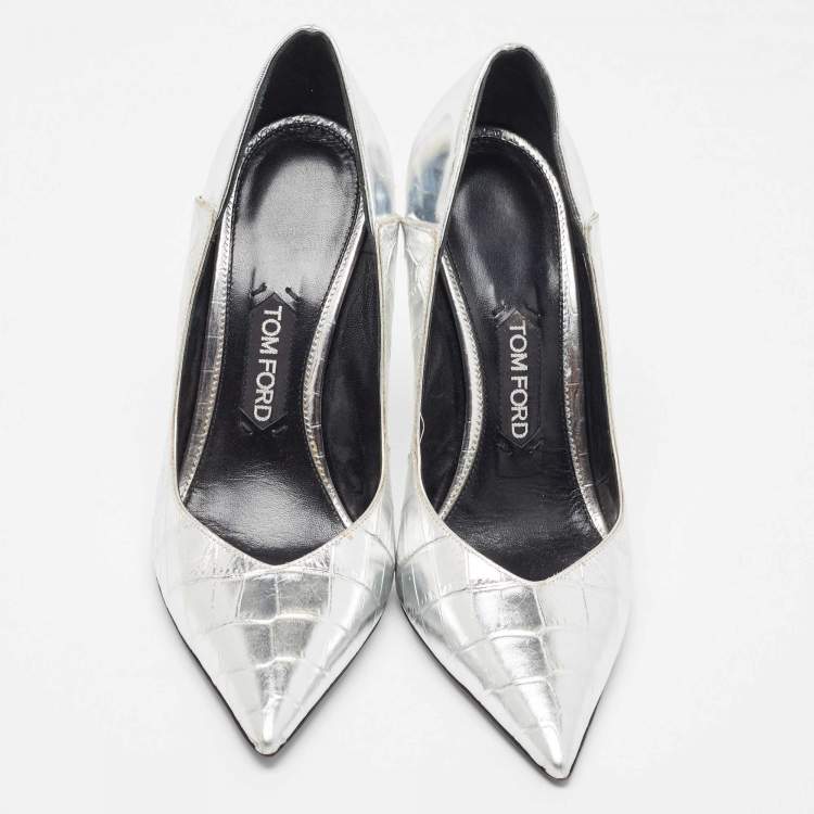 Pre Owned Tom Ford Silver Croc Embossed Leather Wedge Pumps Size 40