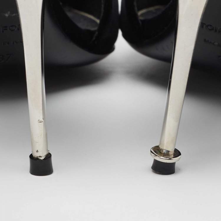 Pre Owned Tom Ford Black Velvet Crystal Embellished TF Slingback Pumps Size 37