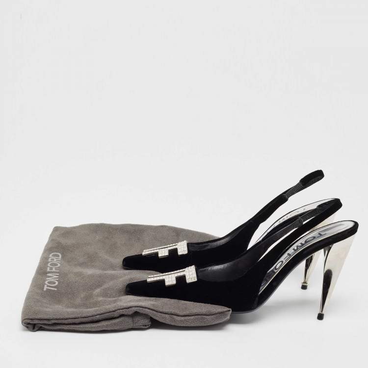 Pre Owned Tom Ford Black Velvet Crystal Embellished TF Slingback Pumps Size 37
