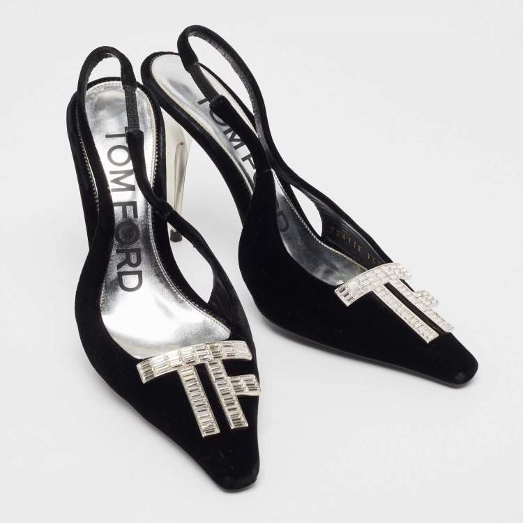 Pre Owned Tom Ford Black Velvet Crystal Embellished TF Slingback Pumps Size 37