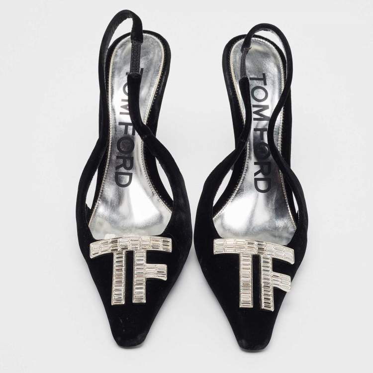 Pre Owned Tom Ford Black Velvet Crystal Embellished TF Slingback Pumps Size 37