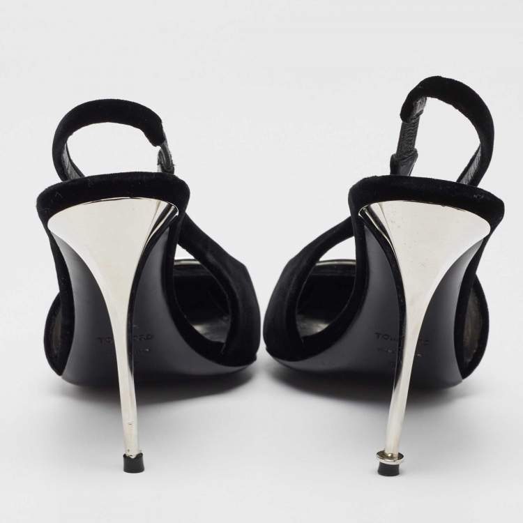 Pre Owned Tom Ford Black Velvet Crystal Embellished TF Slingback Pumps Size 37