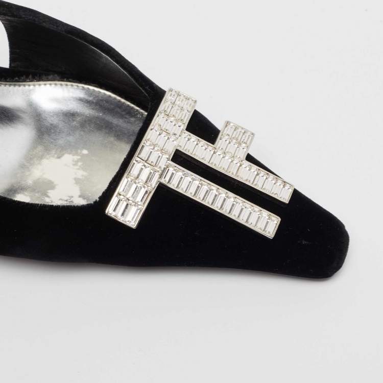 Pre Owned Tom Ford Black Velvet Crystal Embellished TF Slingback Pumps Size 37