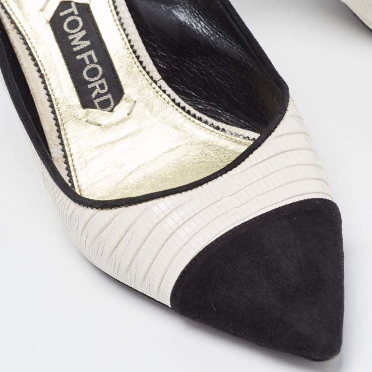 Pre Owned Tom Ford White/Black Embossed Lizard and Suede Slingback Pumps Size 40