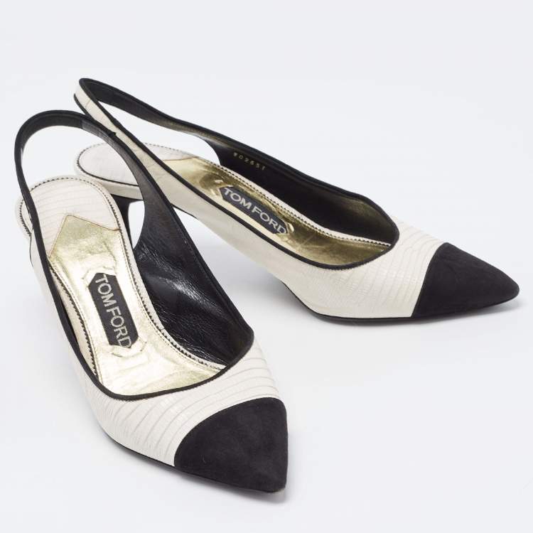 Pre Owned Tom Ford White/Black Embossed Lizard and Suede Slingback Pumps Size 40