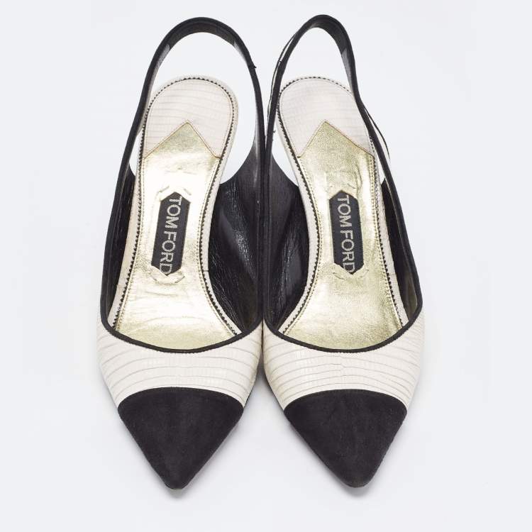 Pre Owned Tom Ford White/Black Embossed Lizard and Suede Slingback Pumps Size 40