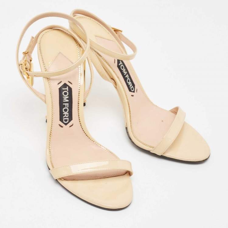 Pre Owned Tom Ford Cream Patent Leather Padlock Ankle Strap Sandals Size 39