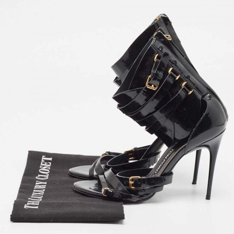 Pre Owned Tom Ford Black Patent Leather Triple Buckle Ankle Cuff Sandals Size 38
