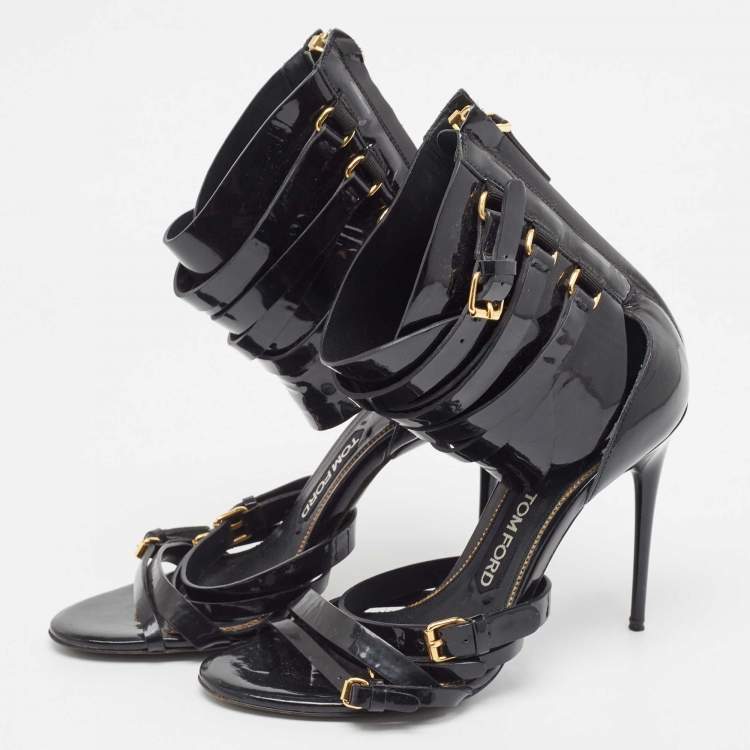 Pre Owned Tom Ford Black Patent Leather Triple Buckle Ankle Cuff Sandals Size 38