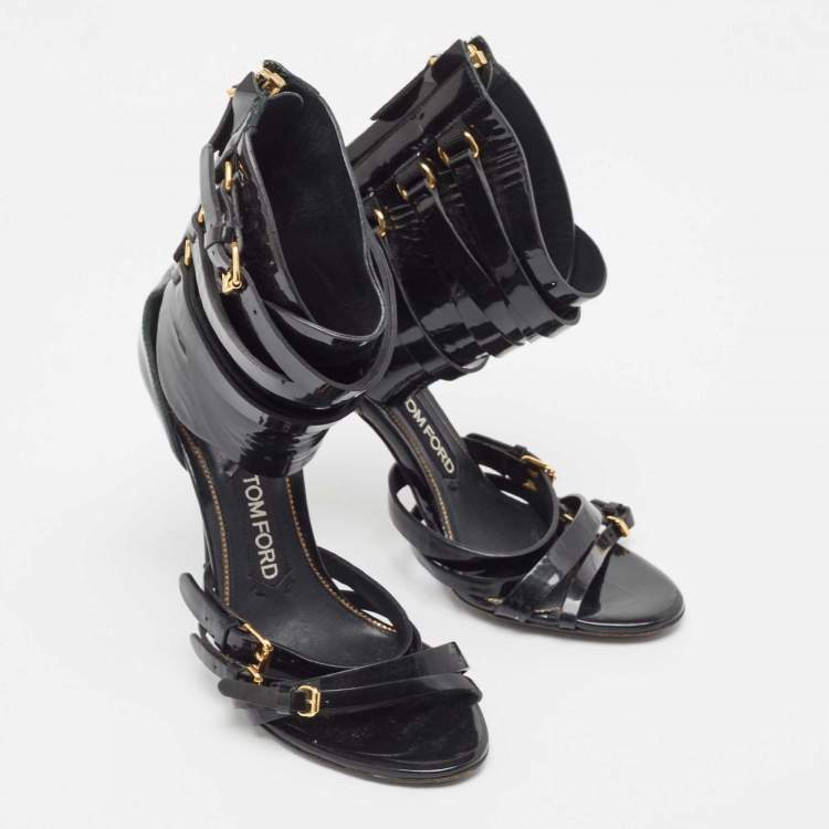 Pre Owned Tom Ford Black Patent Leather Triple Buckle Ankle Cuff Sandals Size 38
