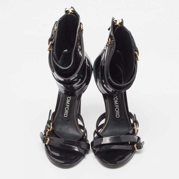 Pre Owned Tom Ford Black Patent Leather Triple Buckle Ankle Cuff Sandals Size 38