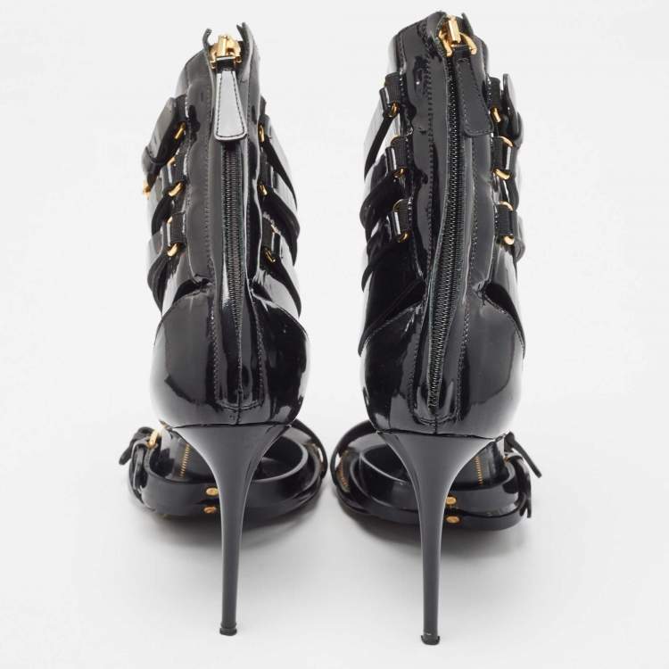 Pre Owned Tom Ford Black Patent Leather Triple Buckle Ankle Cuff Sandals Size 38