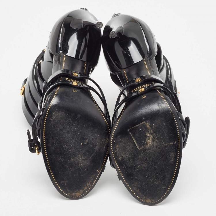 Pre Owned Tom Ford Black Patent Leather Triple Buckle Ankle Cuff Sandals Size 38