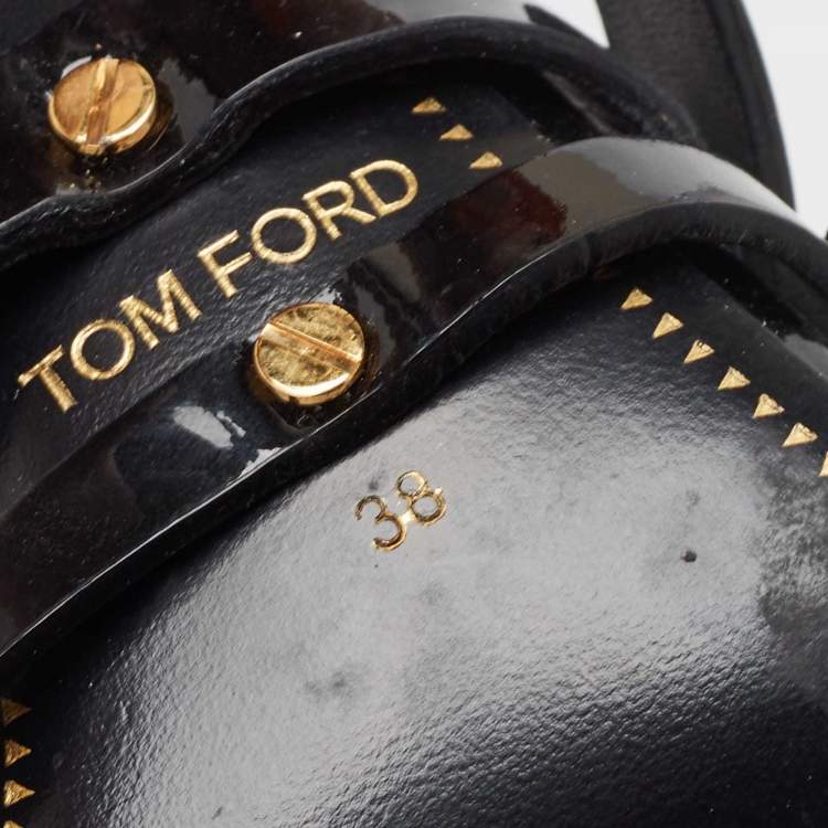 Pre Owned Tom Ford Black Patent Leather Triple Buckle Ankle Cuff Sandals Size 38