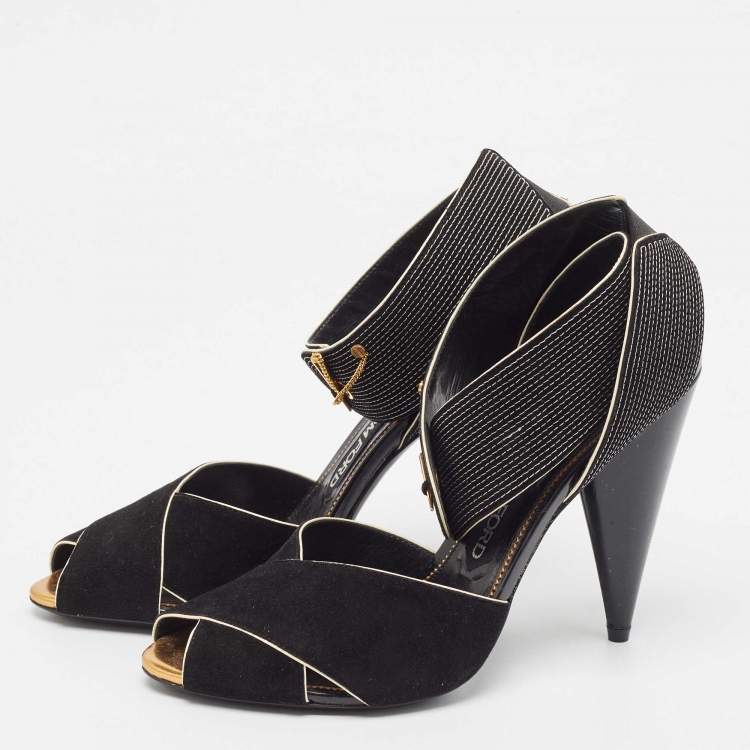 Pre Owned Tom Ford Black Suede Cross Ankle Wrap Peep Toe Sandals Size 39