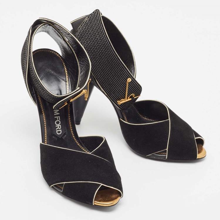 Pre Owned Tom Ford Black Suede Cross Ankle Wrap Peep Toe Sandals Size 39