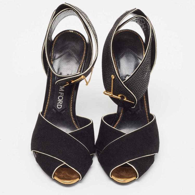 Pre Owned Tom Ford Black Suede Cross Ankle Wrap Peep Toe Sandals Size 39
