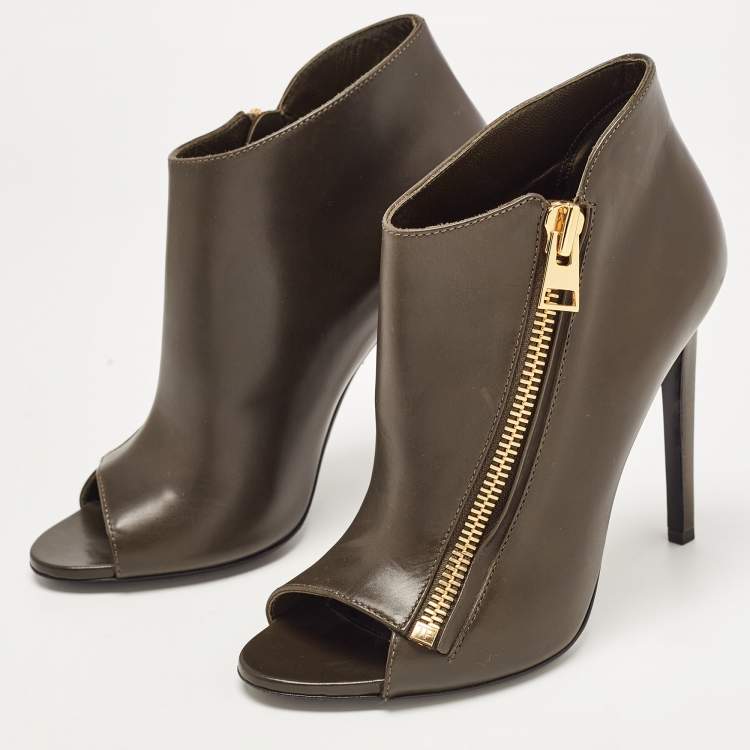 Pre Owned Tom Ford Olive Green Leather Zip Up Open Toe Ankle Booties Size 39