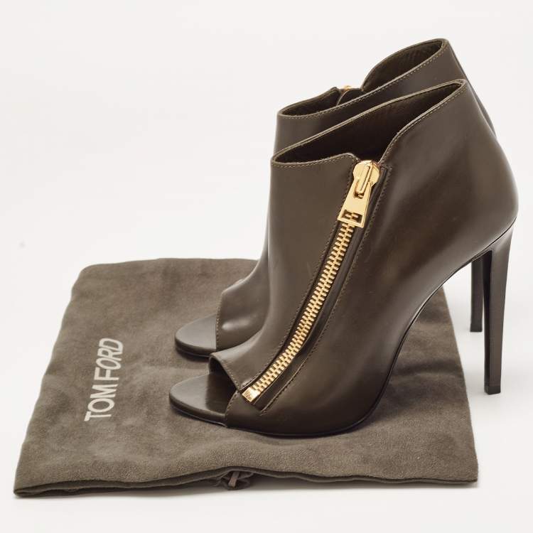 Pre Owned Tom Ford Olive Green Leather Zip Up Open Toe Ankle Booties Size 39