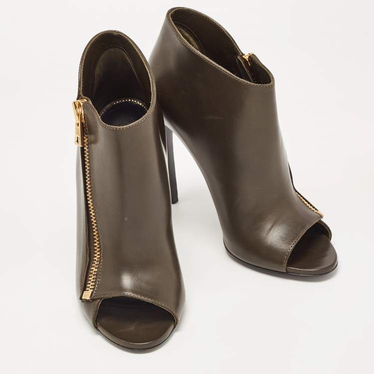 Pre Owned Tom Ford Olive Green Leather Zip Up Open Toe Ankle Booties Size 39