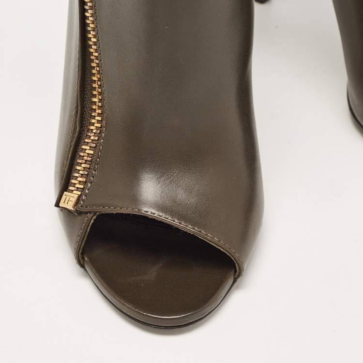 Pre Owned Tom Ford Olive Green Leather Zip Up Open Toe Ankle Booties Size 39