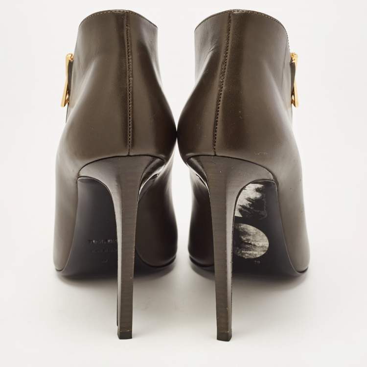 Pre Owned Tom Ford Olive Green Leather Zip Up Open Toe Ankle Booties Size 39