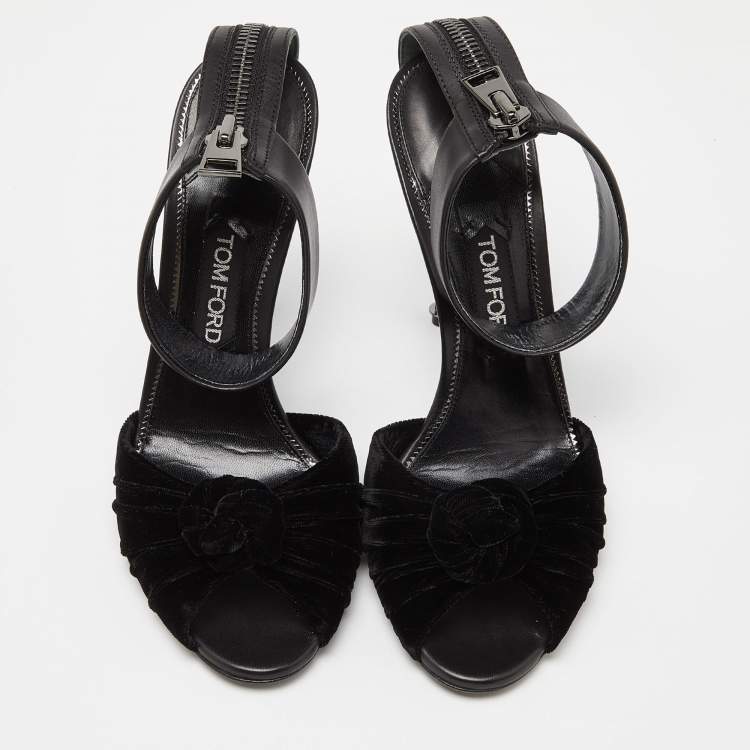 Pre Owned Tom Ford Black Velvet and Leather Ankle Strap Sandals Size 41