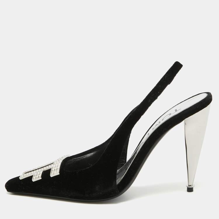 Pre Owned Tom Ford Black Velvet Crystal Embellished TF Slingback Pumps Size 37