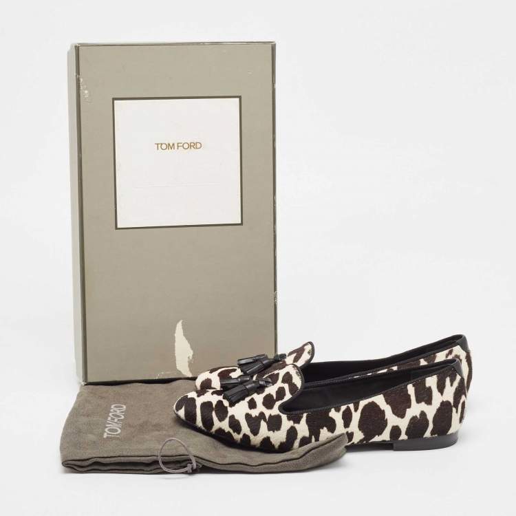 Pre Owned Tom Ford White/Brown Pony Hair Tassel Detail Smoking Slippers Size 38