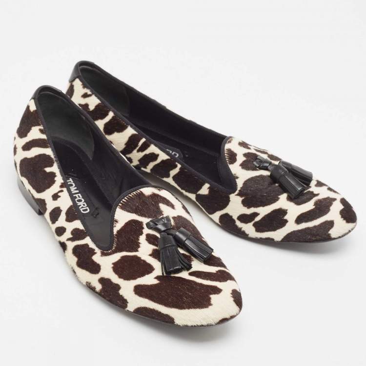 Pre Owned Tom Ford White/Brown Pony Hair Tassel Detail Smoking Slippers Size 38