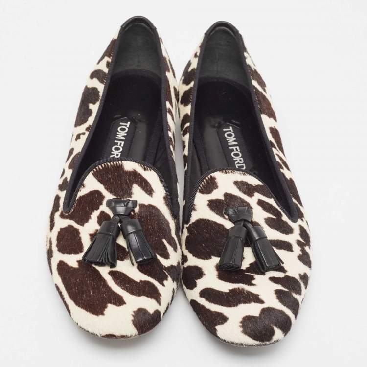 Pre Owned Tom Ford White/Brown Pony Hair Tassel Detail Smoking Slippers Size 38