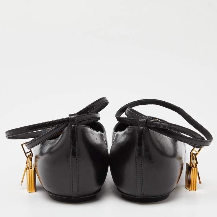 Pre Owned Tom Ford Black Leather Ankle Lock Ballet Flats Size 39.5