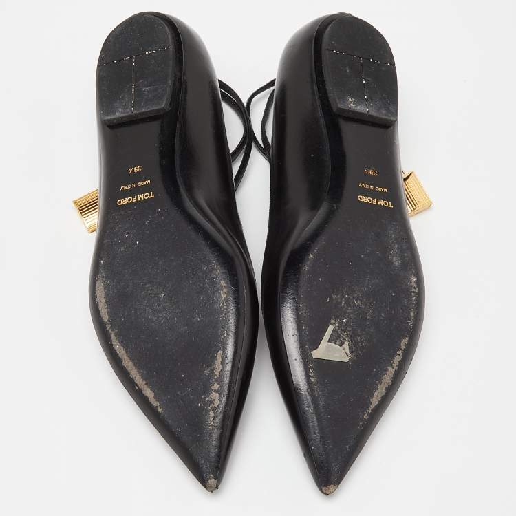 Pre Owned Tom Ford Black Leather Ankle Lock Ballet Flats Size 39.5
