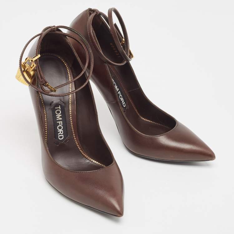 Pre Owned Tom Ford Brown Leather Padlock Ankle Wrap Pumps Size 39