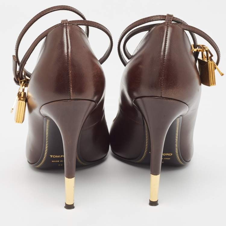 Pre Owned Tom Ford Brown Leather Padlock Ankle Wrap Pumps Size 39