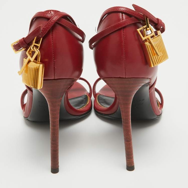Pre Owned Tom Ford Red Leather Padlock Ankle Strap Sandals Size 37.5