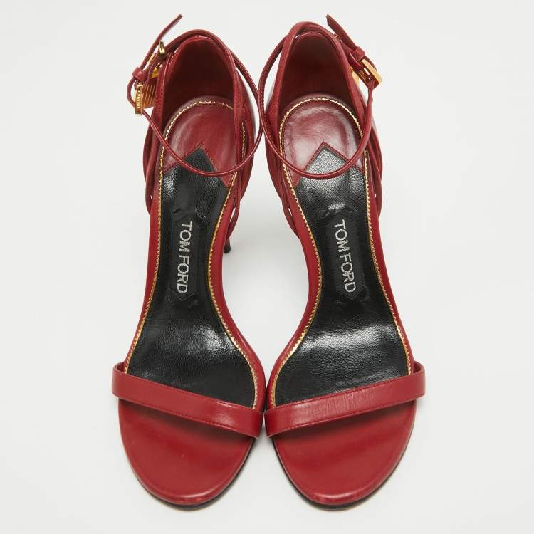 Pre Owned Tom Ford Red Leather Padlock Ankle Strap Sandals Size 37.5