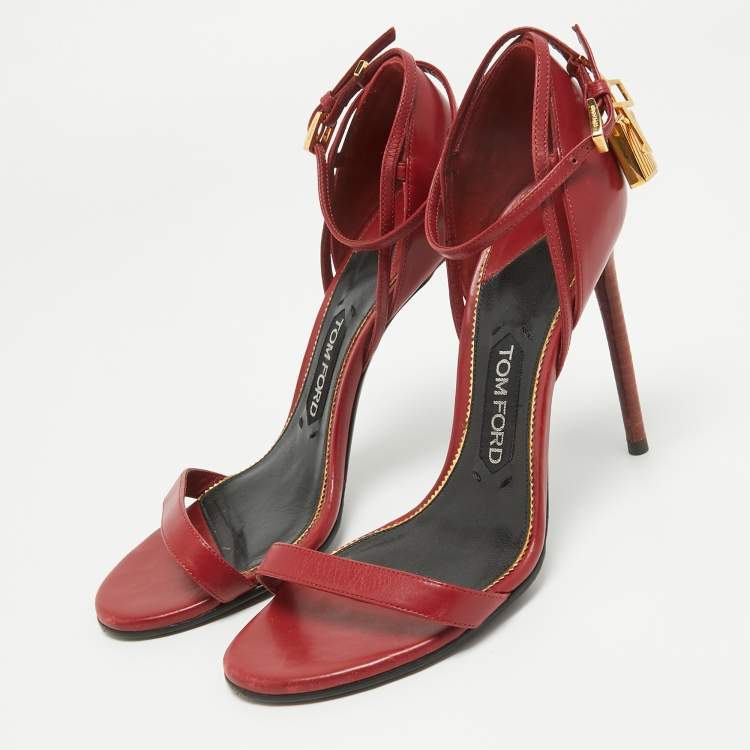 Pre Owned Tom Ford Red Leather Padlock Ankle Strap Sandals Size 37.5