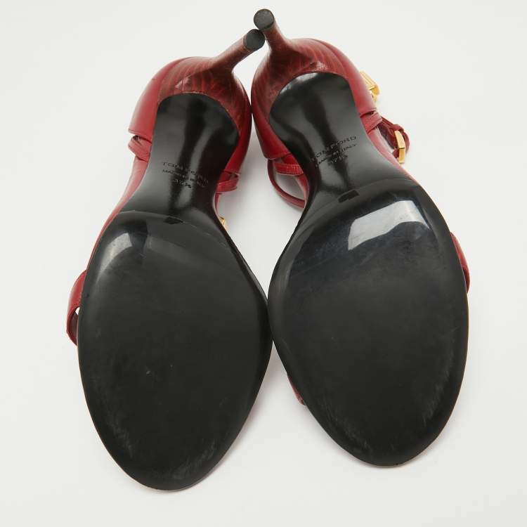 Pre Owned Tom Ford Red Leather Padlock Ankle Strap Sandals Size 37.5