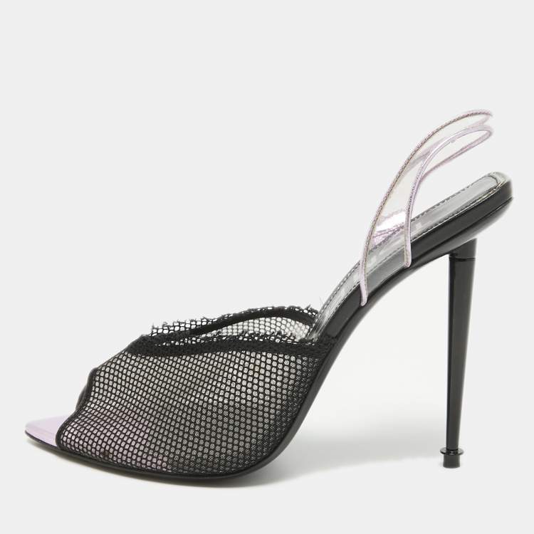 Pre Owned Tom Ford Pink/Black Mesh and PVC Peep Toe Slingback Sandals Size 38.5