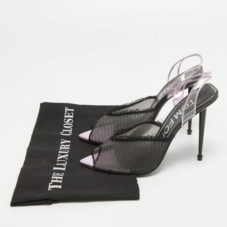 Pre Owned Tom Ford Pink/Black Mesh and PVC Peep Toe Slingback Sandals Size 38.5