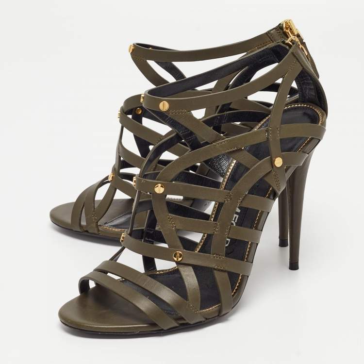 Pre Owned Tom Ford Army Green Leather Caged Sandals Size 38