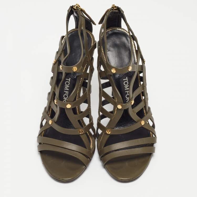 Pre Owned Tom Ford Army Green Leather Caged Sandals Size 38
