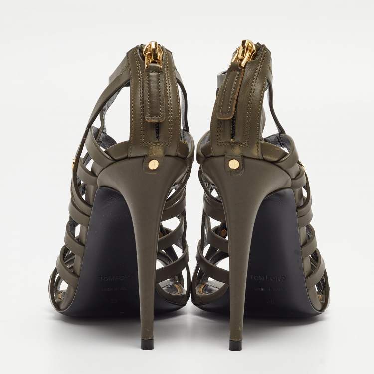 Pre Owned Tom Ford Army Green Leather Caged Sandals Size 38