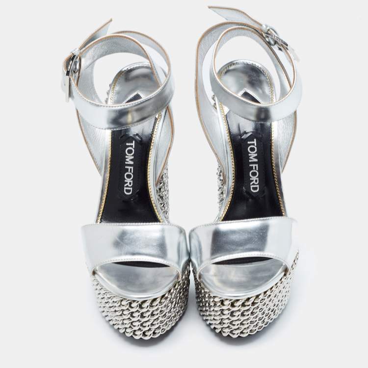 مملوكة مسبقًا Tom Ford Sliver Leather Platform Ankle Strap Sandals Size 37