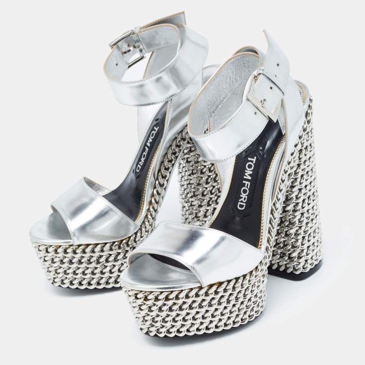 مملوكة مسبقًا Tom Ford Sliver Leather Platform Ankle Strap Sandals Size 37