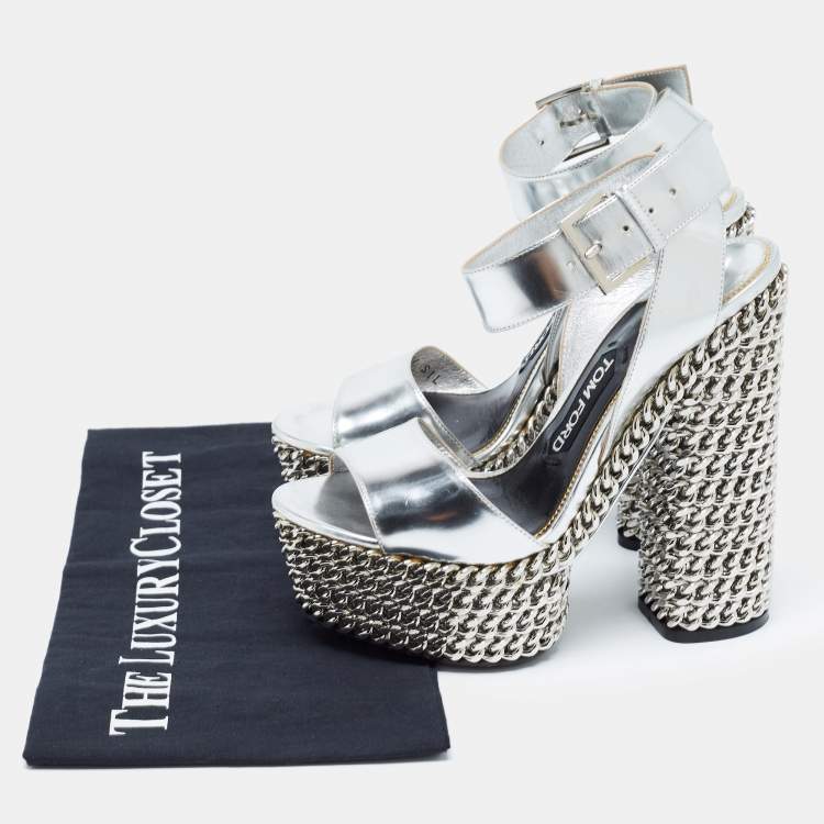 مملوكة مسبقًا Tom Ford Sliver Leather Platform Ankle Strap Sandals Size 37