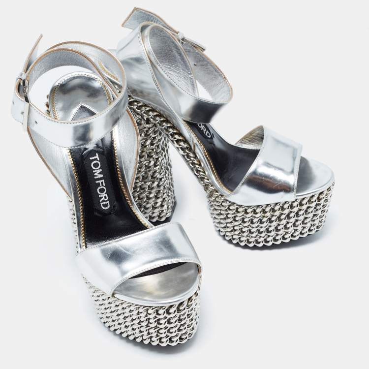 مملوكة مسبقًا Tom Ford Sliver Leather Platform Ankle Strap Sandals Size 37
